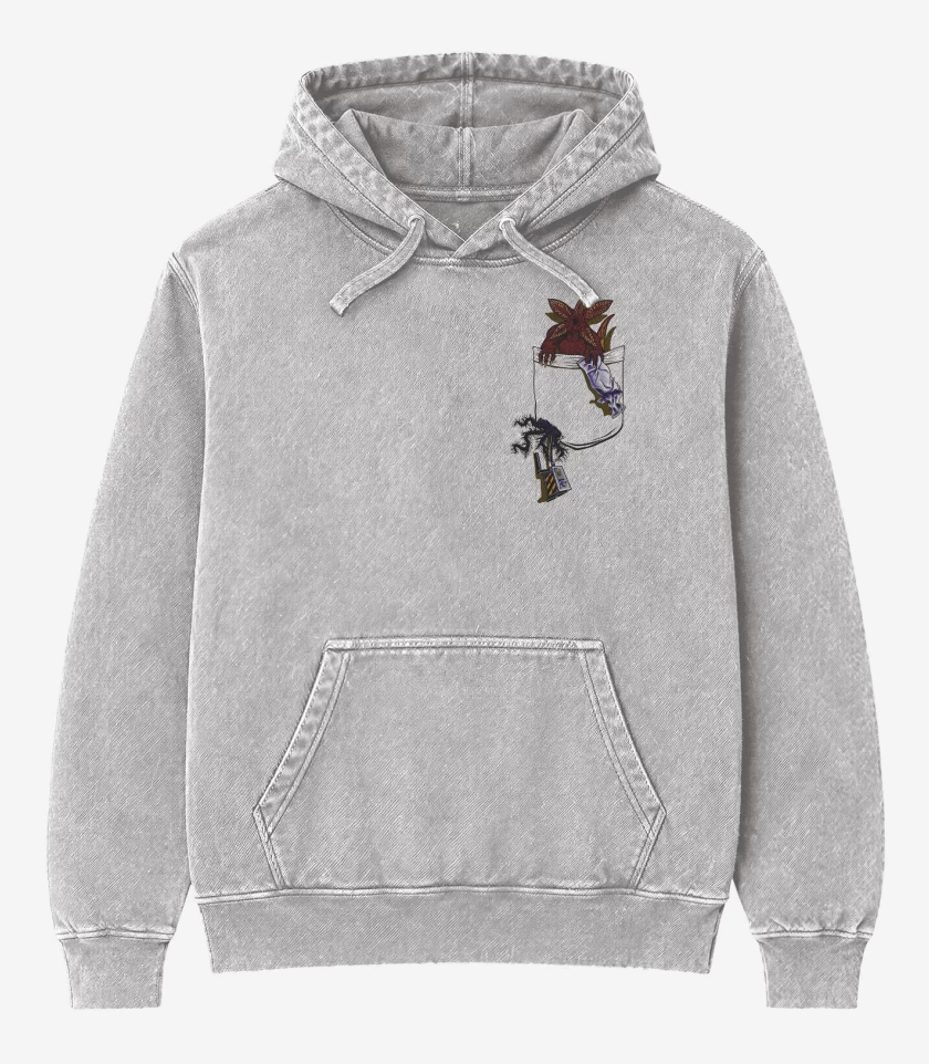 Poleron Canguro Acid Wash Gris Melange de Demogorgon de Bolsillo