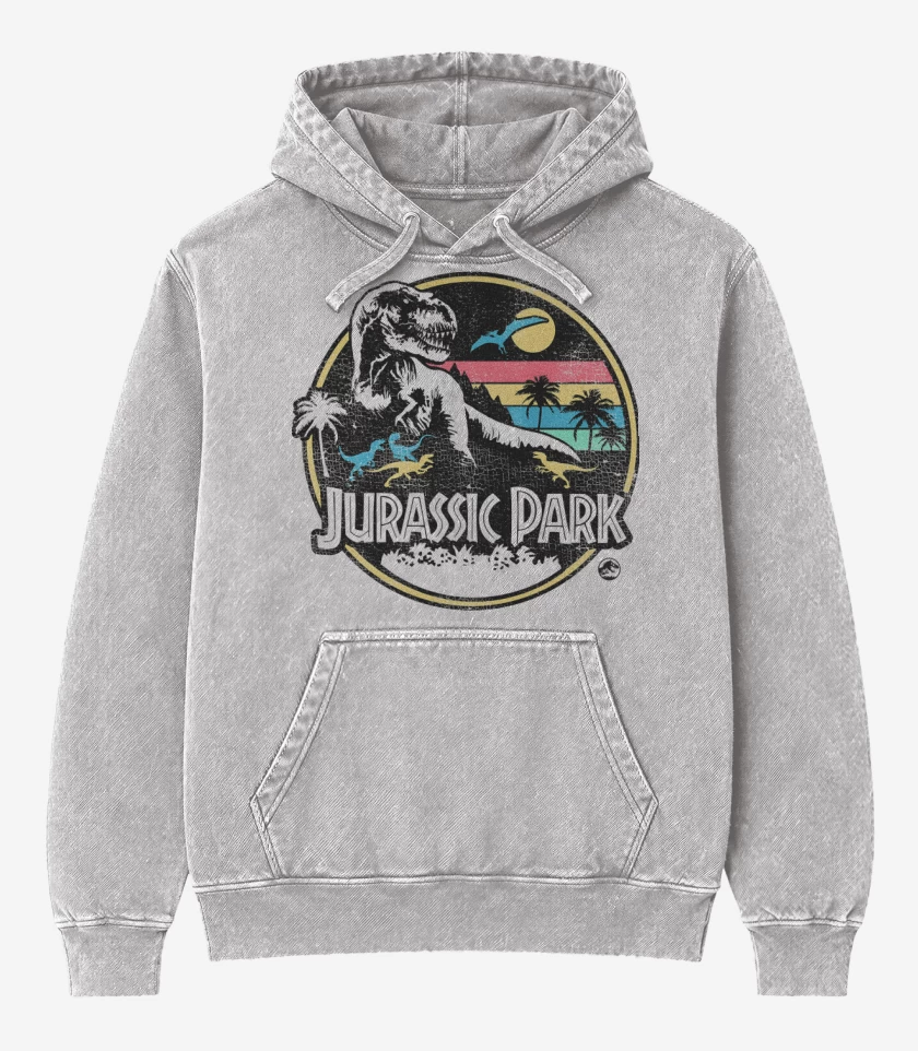 Poleron Canguro Acid Wash Gris Melange de Jurassic Park Retro