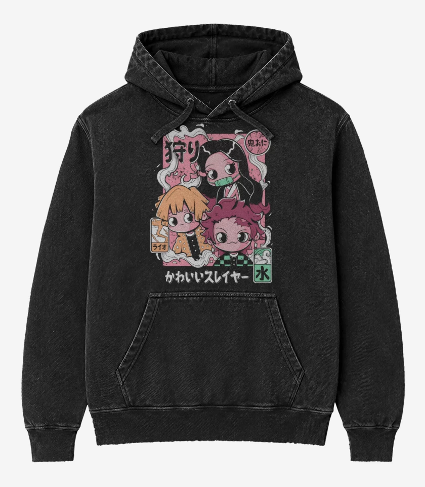 Poleron Canguro Acid Wash Negro de Chibi Kimetsu