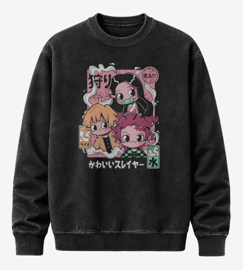 Poleron Polo Acid Wash Negro de Chibi Kimetsu