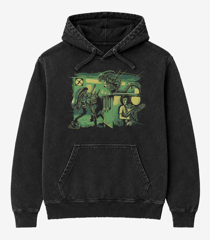 Poleron Canguro Acid Wash Negro de Alien Park