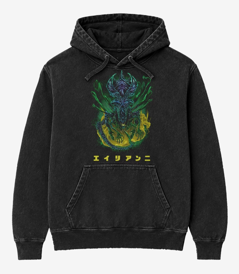 Poleron Canguro Acid Wash Negro de Reina Alien