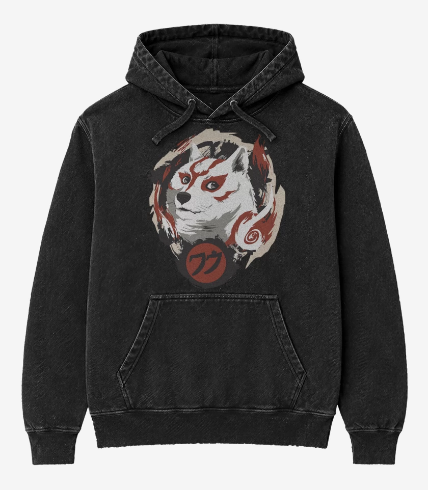 Poleron Canguro Acid Wash Negro de Doge Amaterasu