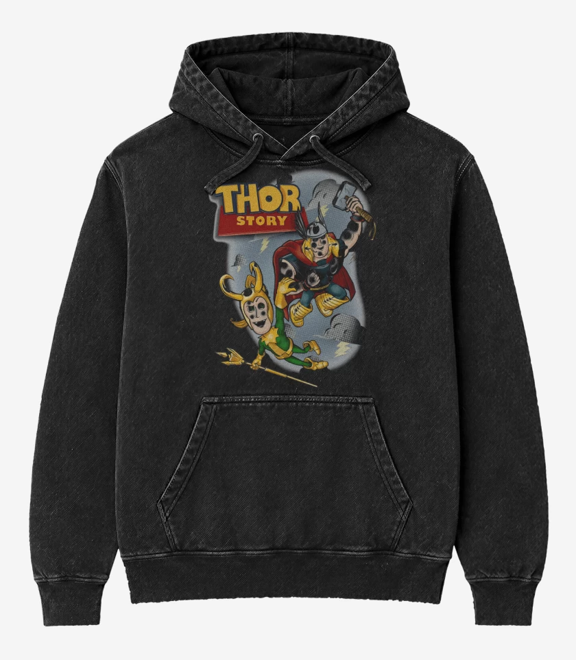 Poleron Canguro Acid Wash Negro de Thor Story
