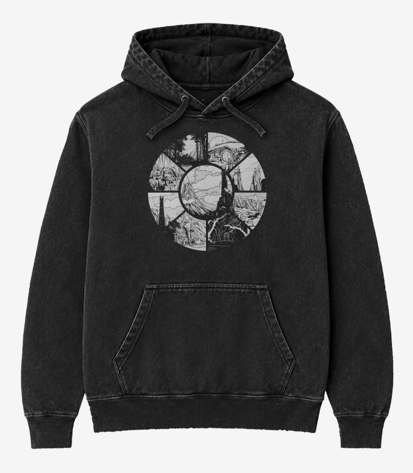 Poleron Canguro Acid Wash Negro de La Tierra Media