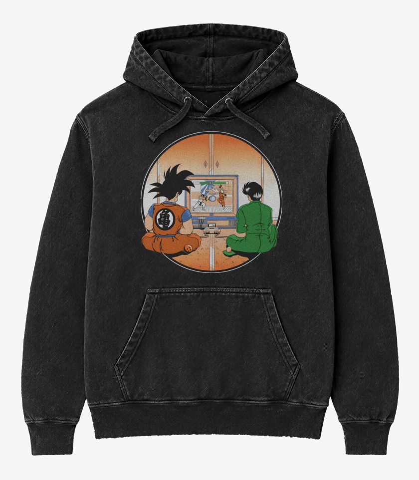 Poleron Canguro Acid Wash Negro de Pelea de Anime