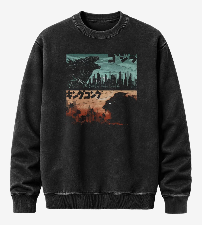 Poleron Polo Acid Wash Negro de Kong vs Zilla