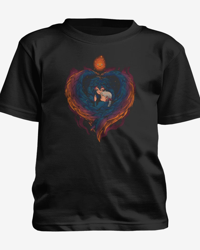 Polera de niño Negro de Corazón en Llamas
