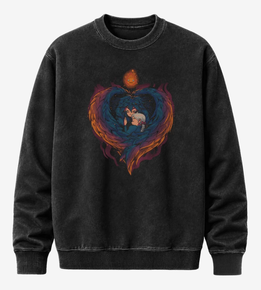 Poleron Polo Acid Wash Negro de Corazón en Llamas