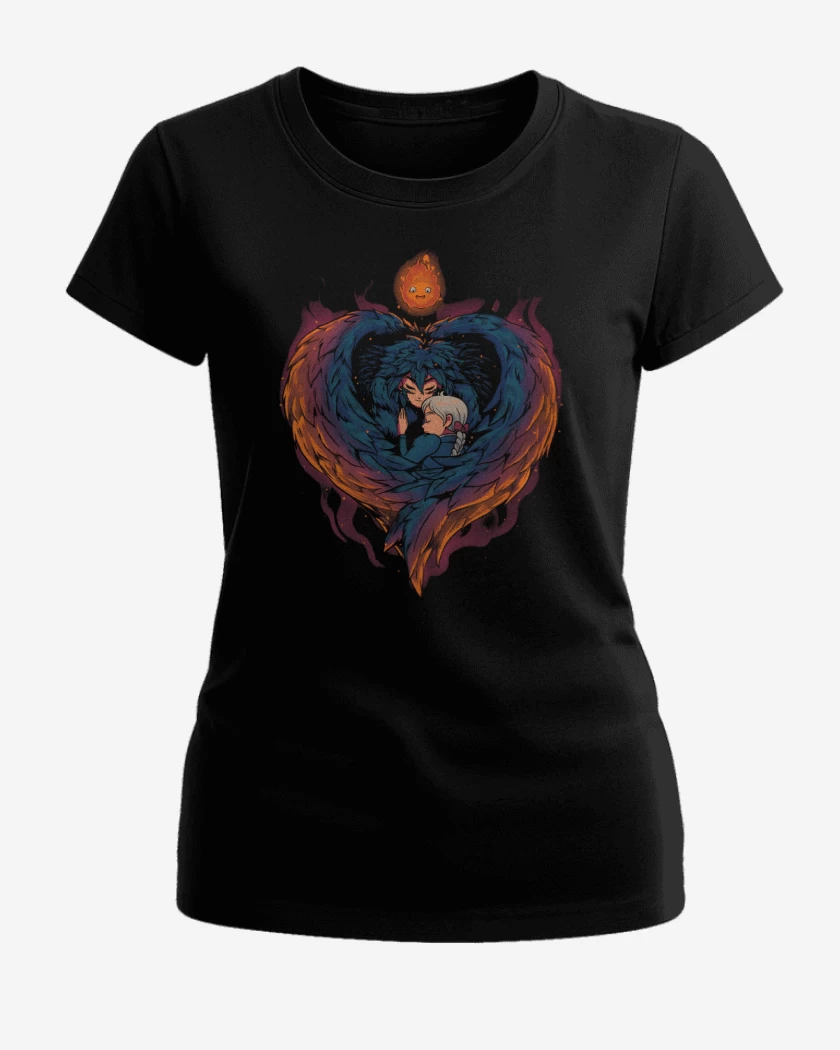 Polera de Mujer Negro de Corazón en Llamas