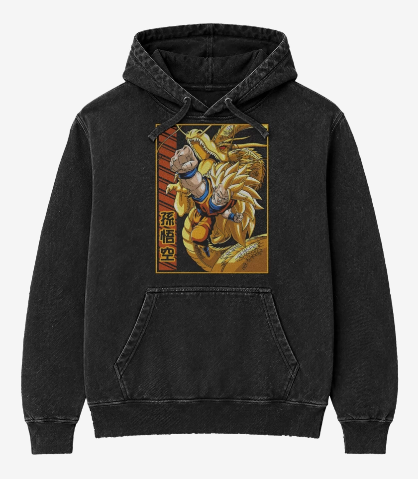 Poleron Canguro Acid Wash Negro de Son Goku fase 3
