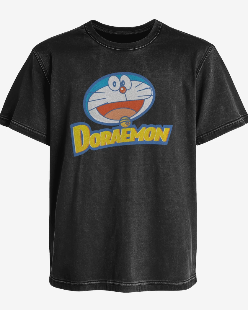 Polera desgastada Negro de Doreamon El Gato Cósmico