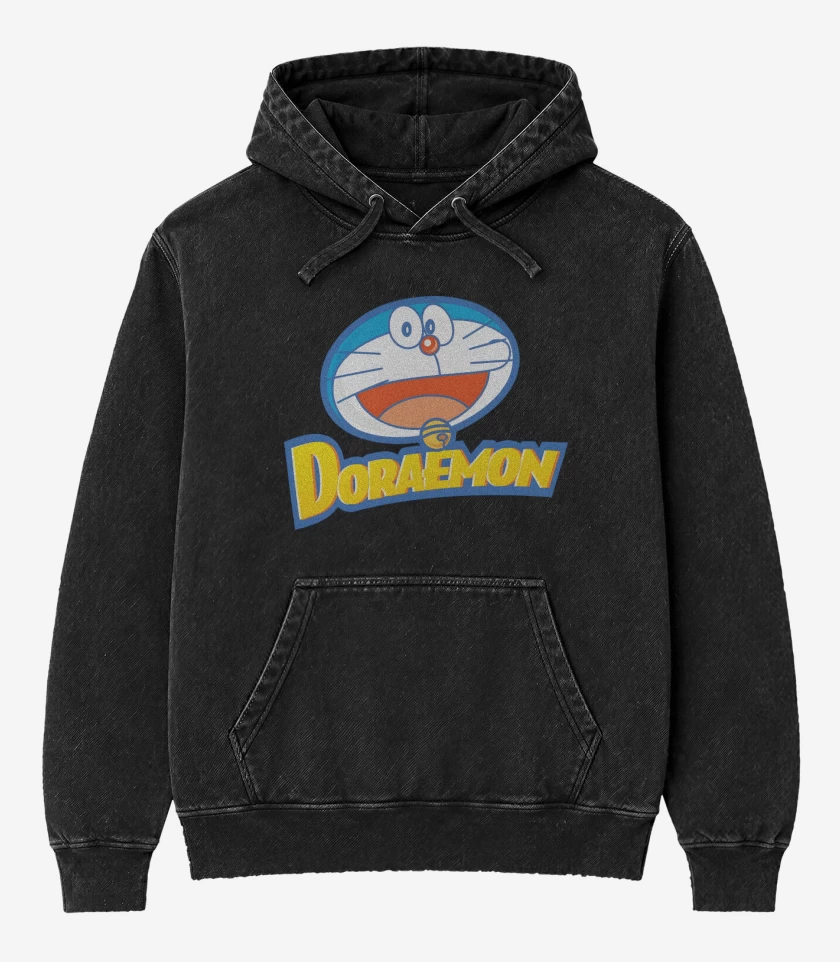 Poleron Canguro Acid Wash Negro de Doreamon El Gato Cósmico
