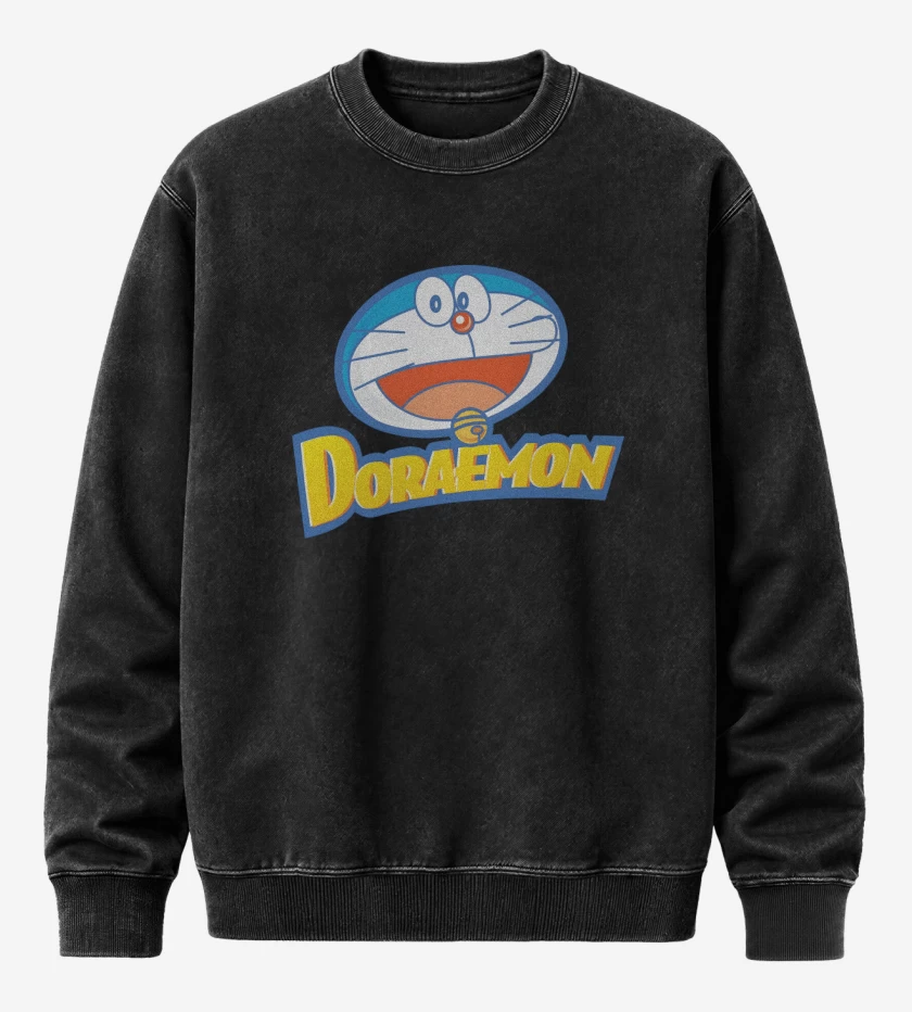 Poleron Polo Acid Wash Negro de Doreamon El Gato Cósmico