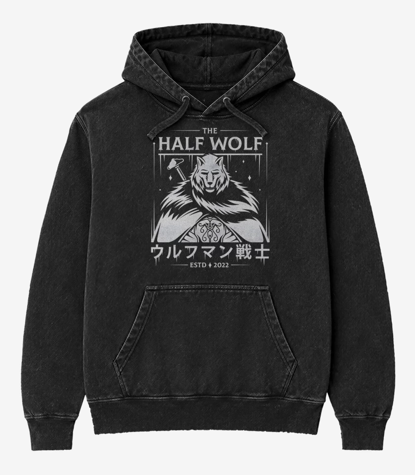 Poleron Canguro Acid Wash Negro de Half Wolf Blaidd