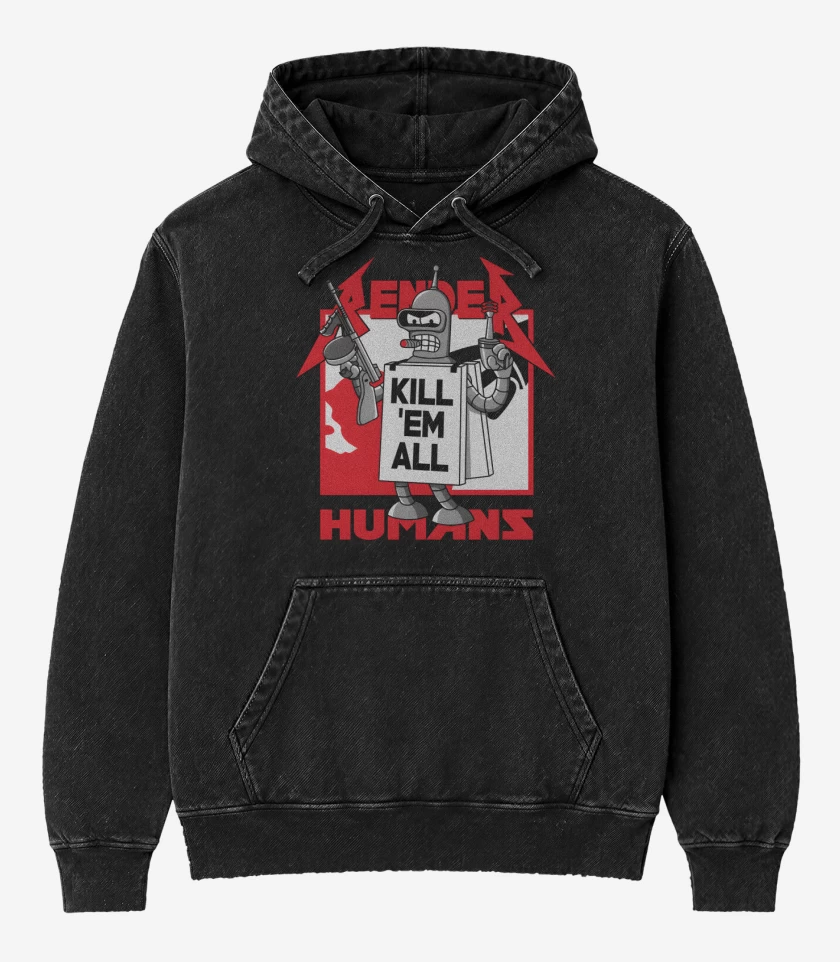 Poleron Canguro Acid Wash Negro de Kill Em All Humans