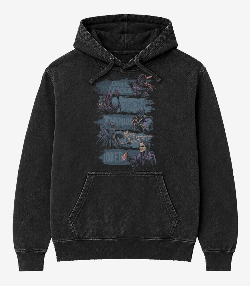 Poleron Canguro Acid Wash Negro de Villanos de Película