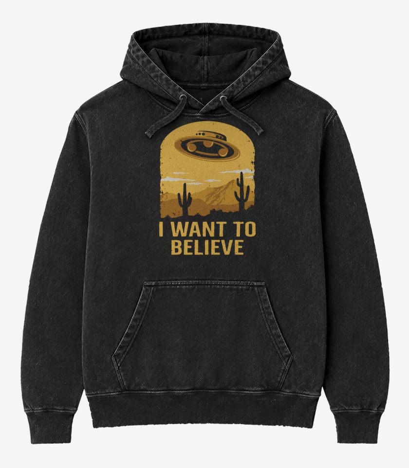 Poleron Canguro Acid Wash Negro de I want to believe UFO