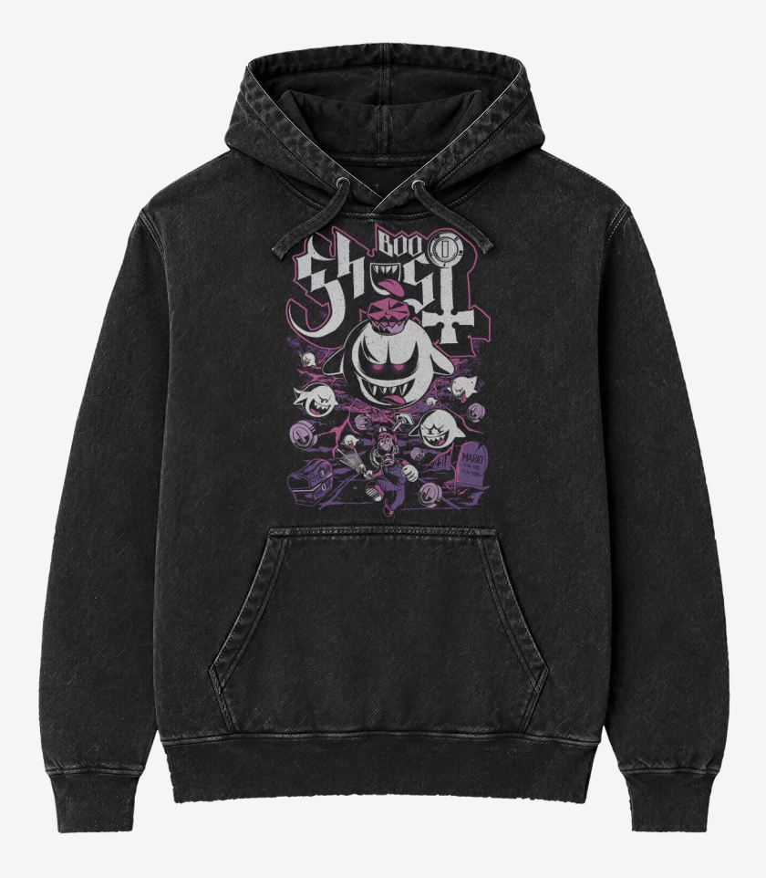 Poleron Canguro Acid Wash Negro de Boo Fantasma