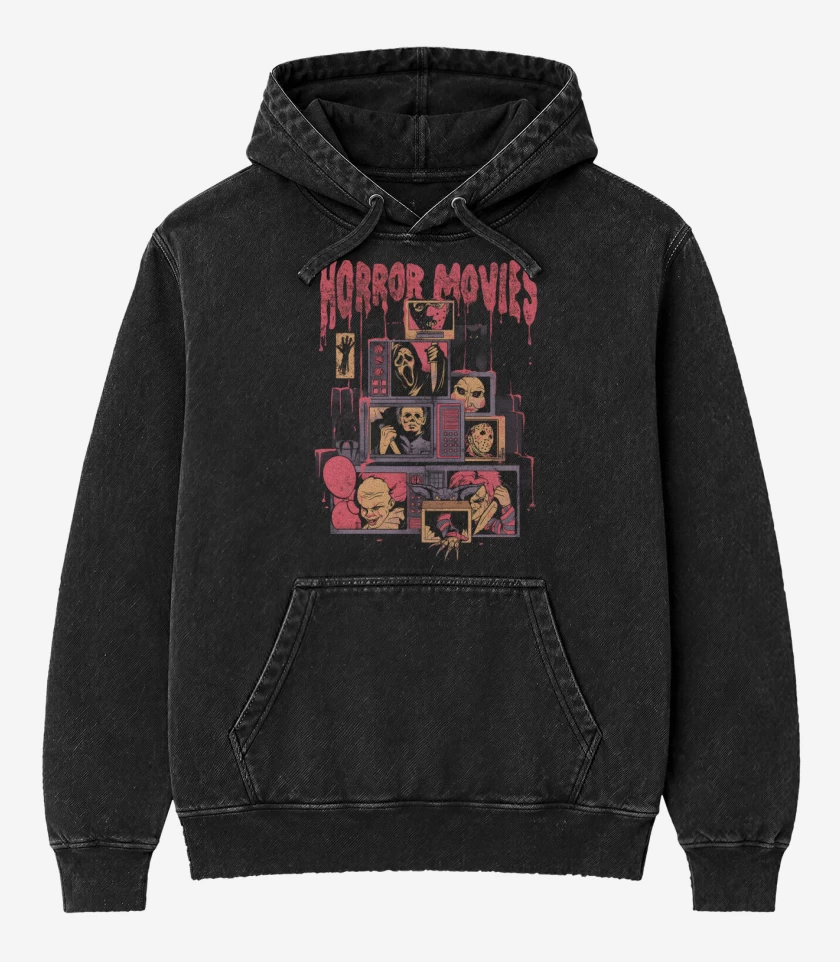 Poleron Canguro Acid Wash Negro de Horror movies