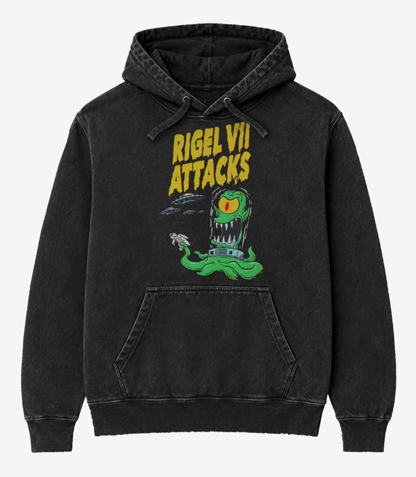 Poleron Canguro Acid Wash Negro de Rigel VII Attacks