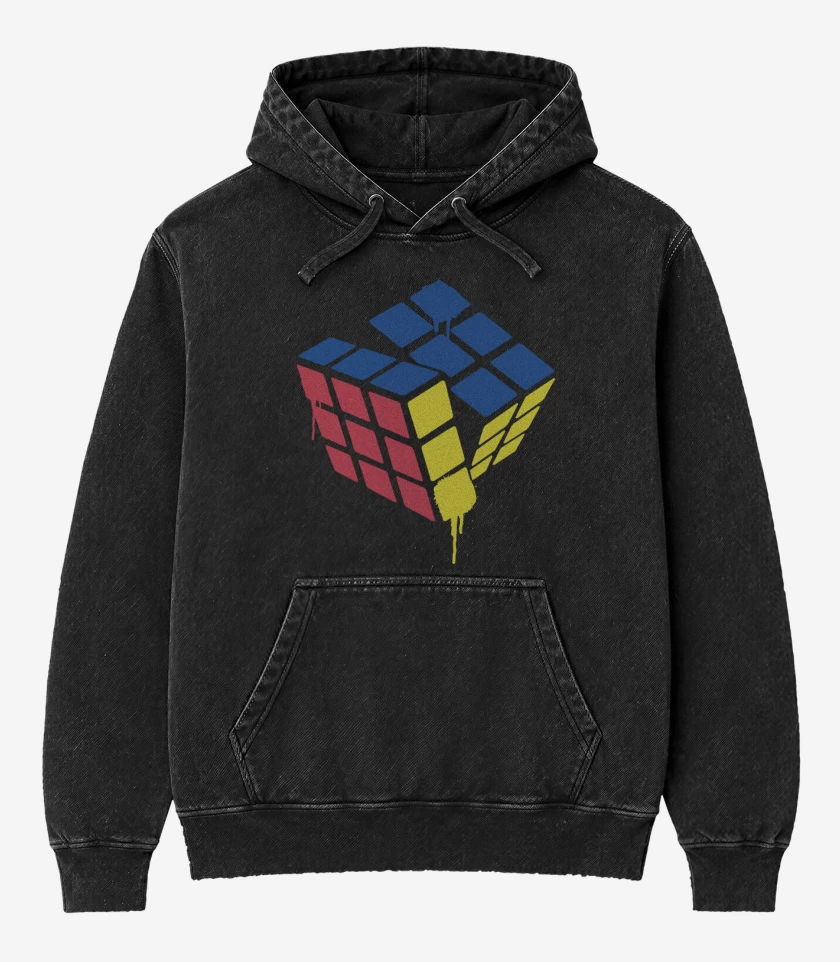 Poleron Canguro Acid Wash Negro de Rubik simple