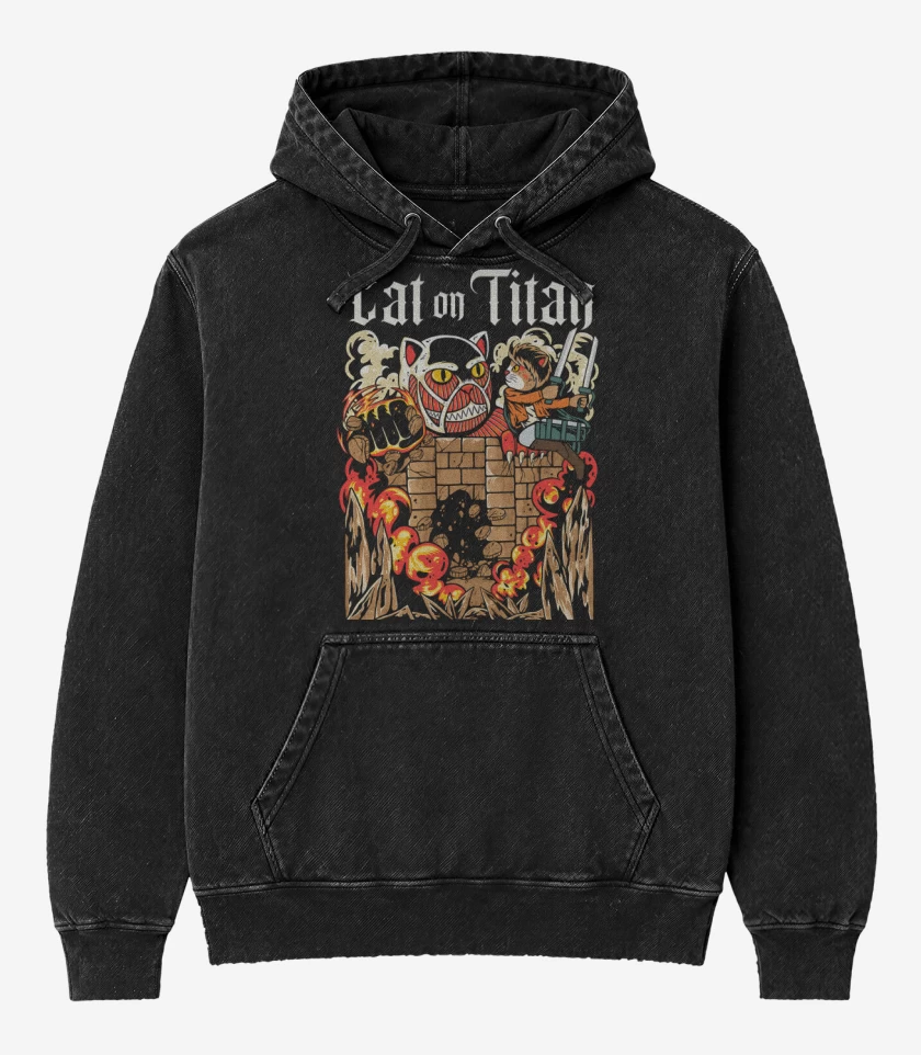 Poleron Canguro Acid Wash Negro de Cat on Titan