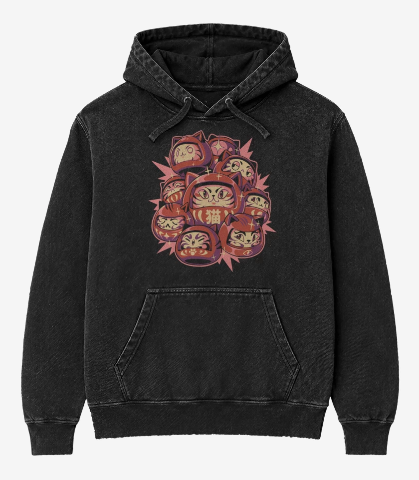 Poleron Canguro Acid Wash Negro de Gatitos Daruma