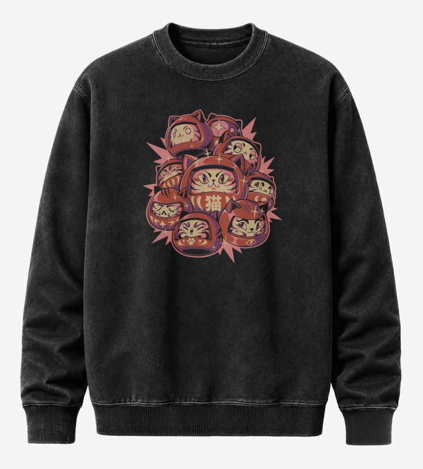 Poleron Polo Acid Wash Negro de Gatitos Daruma
