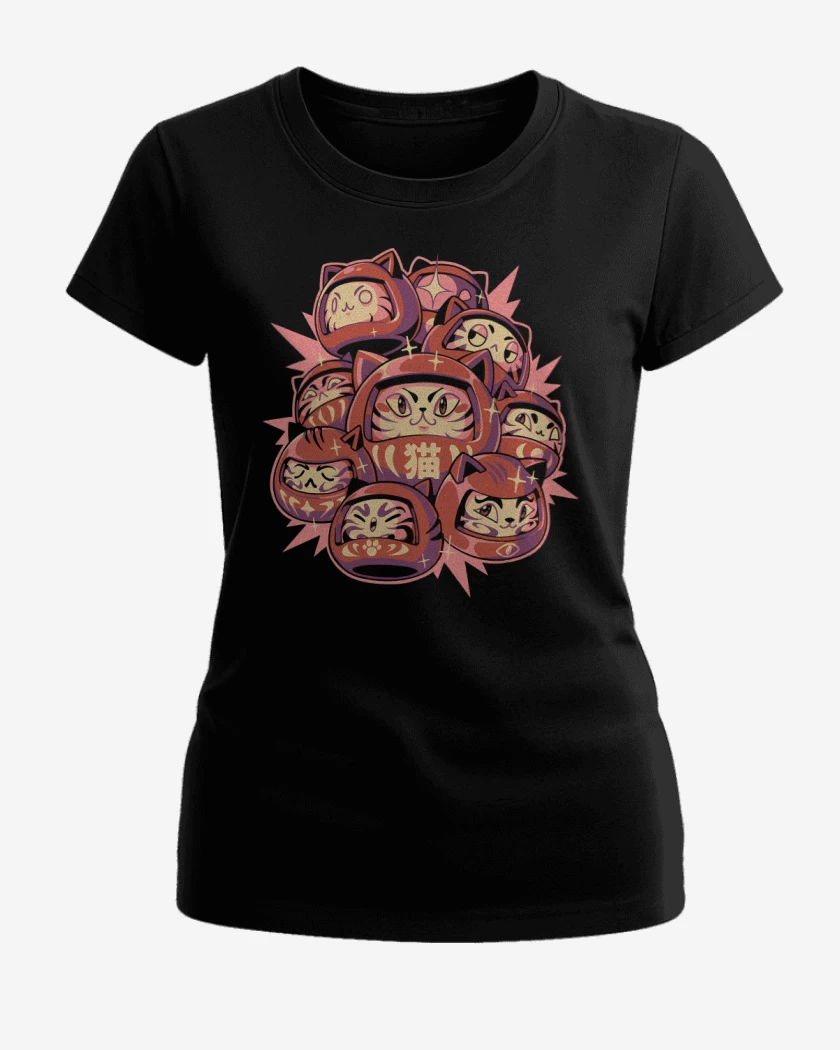 Polera de Mujer Negro de Gatitos Daruma