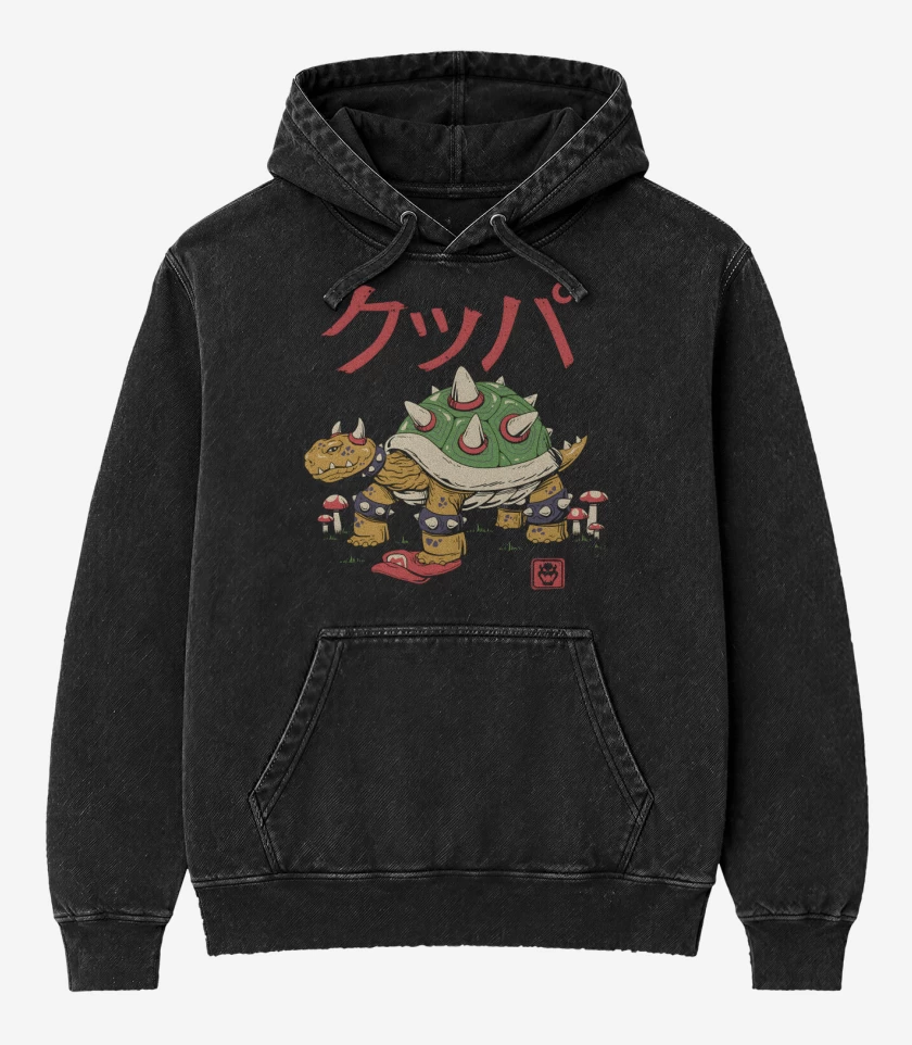 Poleron Canguro Acid Wash Negro de Bowser Tortuga Demoniaca