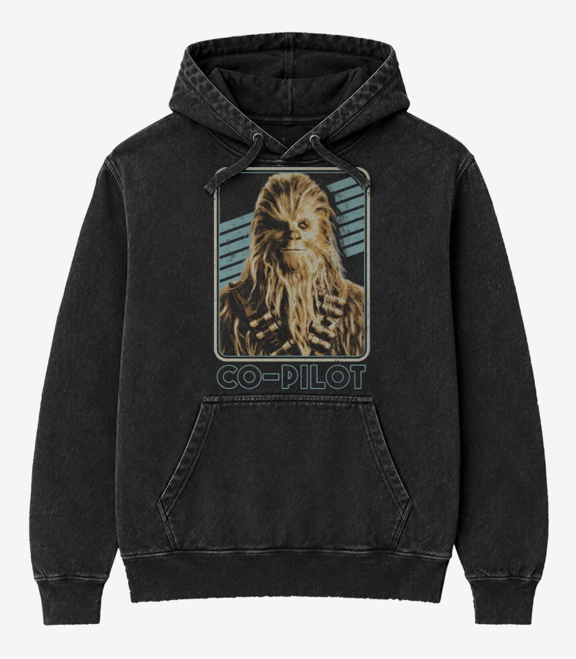 Poleron Canguro Acid Wash Negro de Chewbacca es mi Copiloto