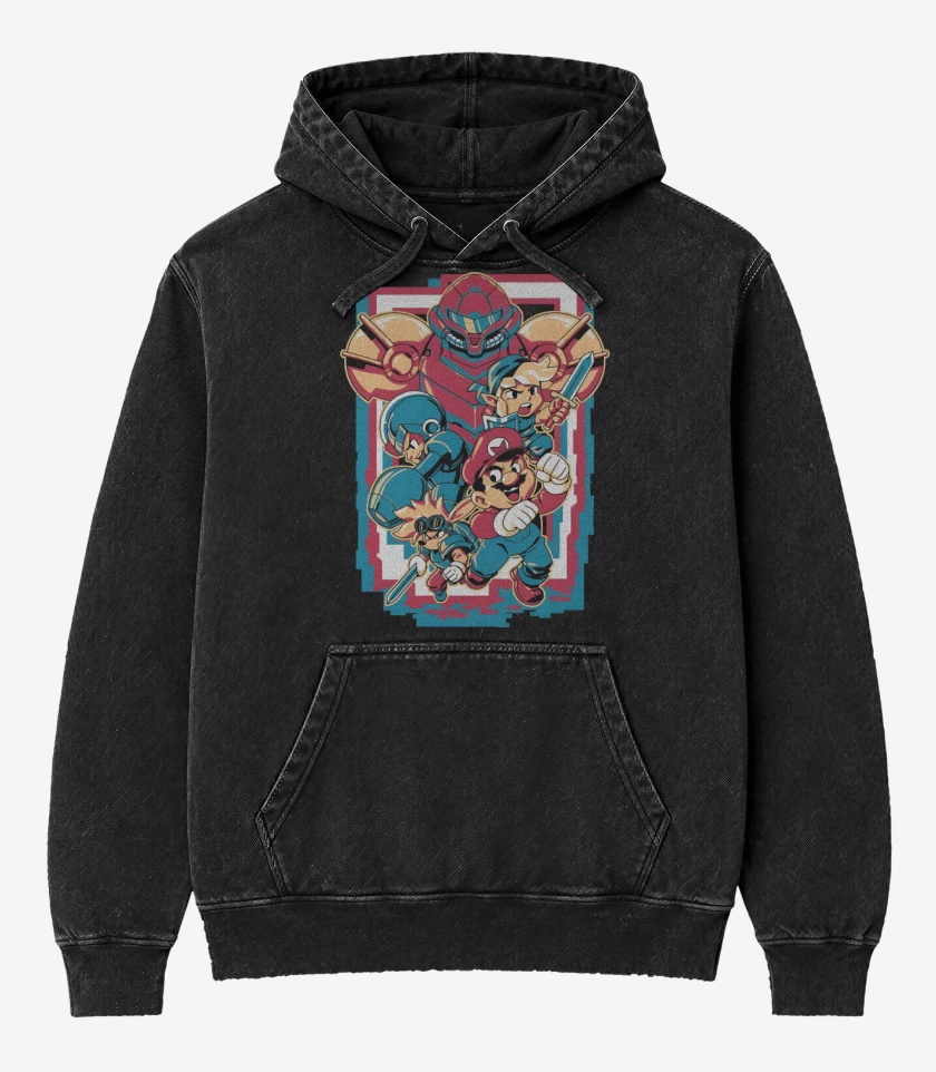 Poleron Canguro Acid Wash Negro de Héroes Retro
