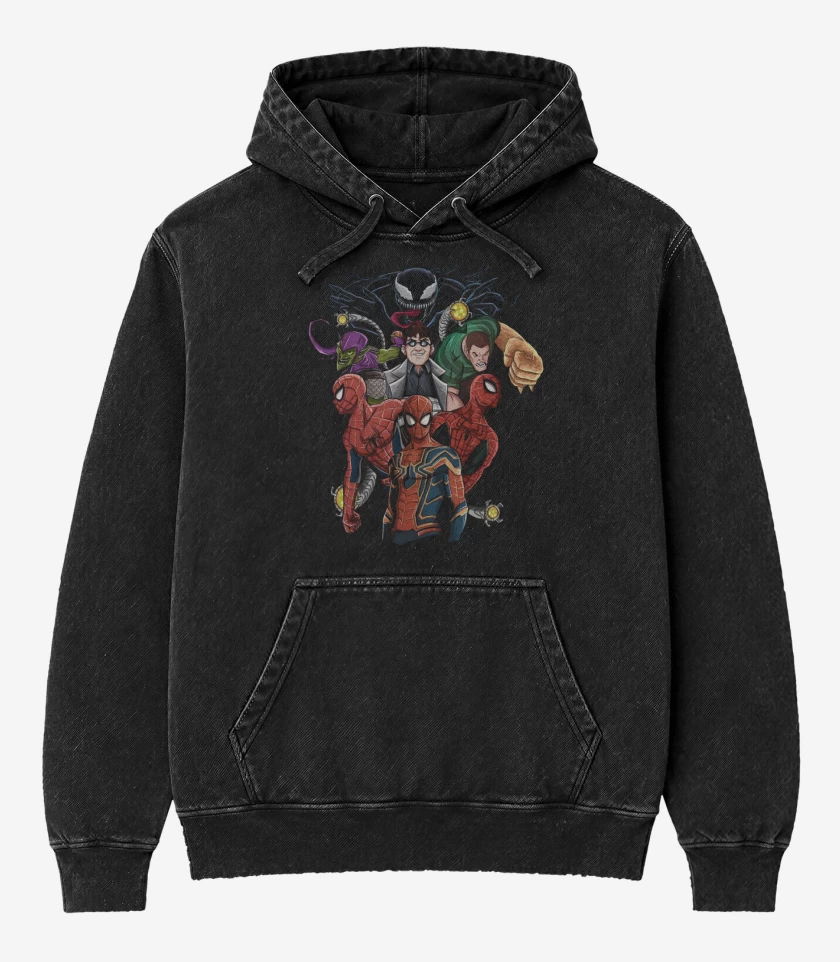 Poleron Canguro Acid Wash Negro de Mutiverso Arácnido 