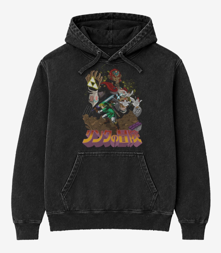Poleron Canguro Acid Wash Negro de Link x Ganondorf