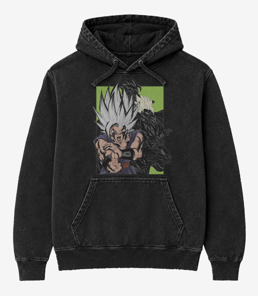 Poleron Canguro Acid Wash Negro de Gohan SSJ Beast