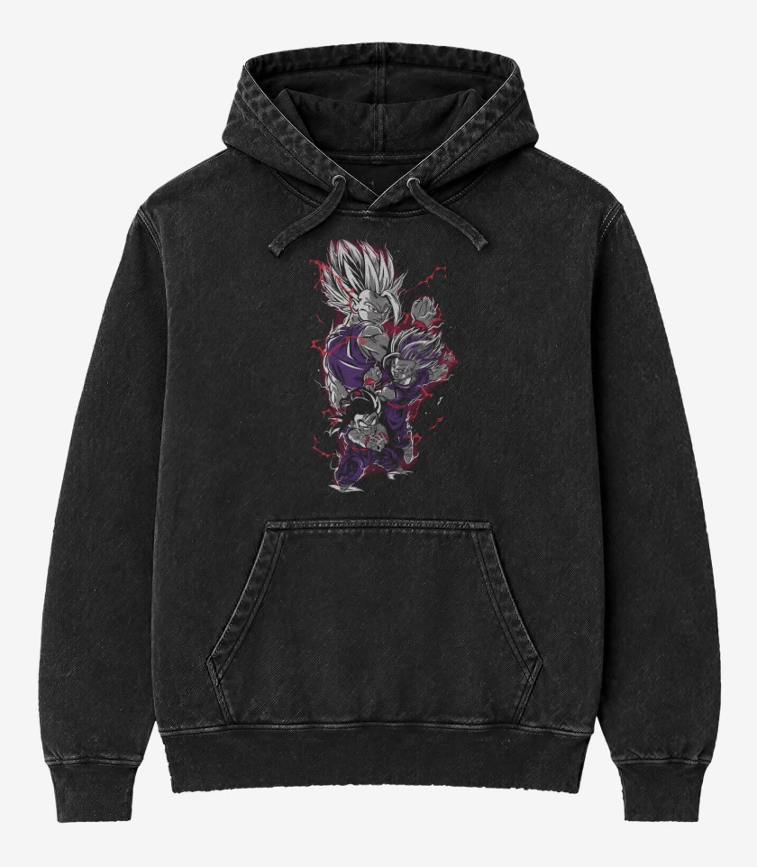 Poleron Canguro Acid Wash Negro de Son Gohan Beast