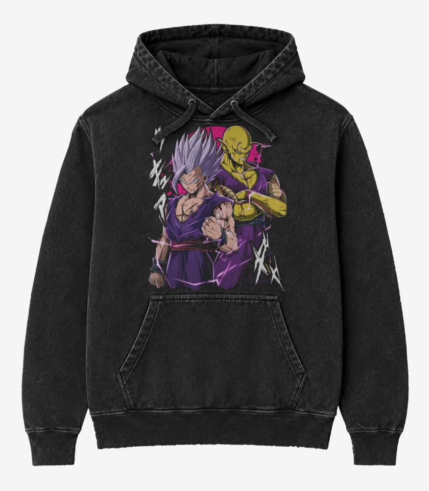 Poleron Canguro Acid Wash Negro de Gohan Beast x Piccolo Dorado