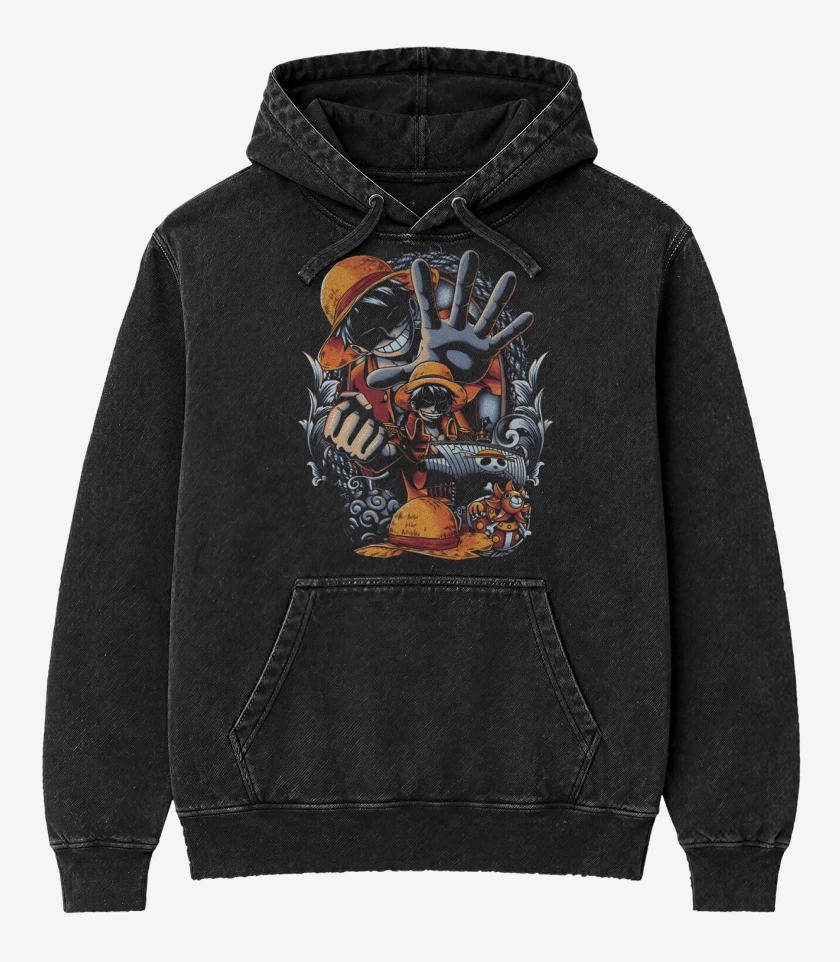 Poleron Canguro Acid Wash Negro de Monkey D Luffy