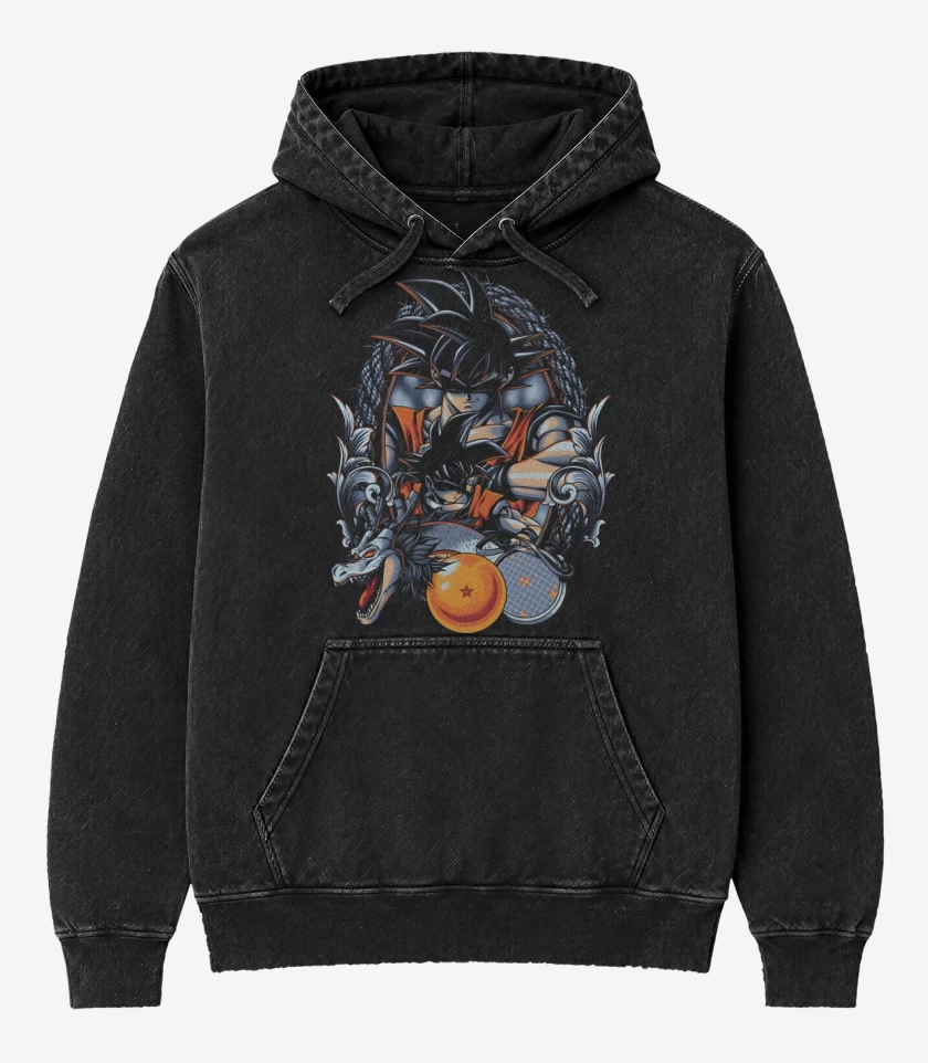 Poleron Canguro Acid Wash Negro de Kakaroto Goku