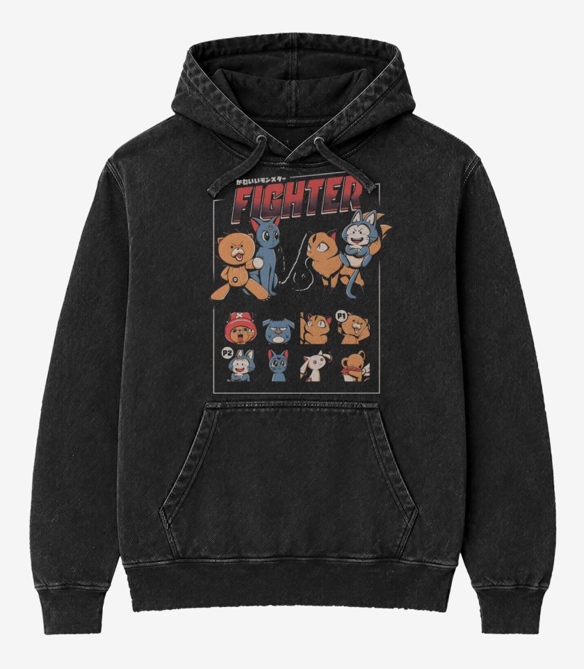 Poleron Canguro Acid Wash Negro de Versus de Compañeros de Anime
