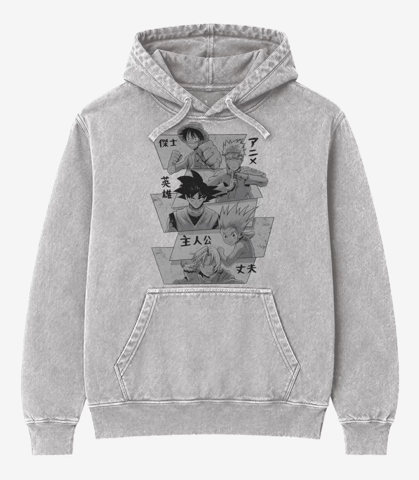 Poleron Canguro Acid Wash Gris Melange de Héroes de Japón
