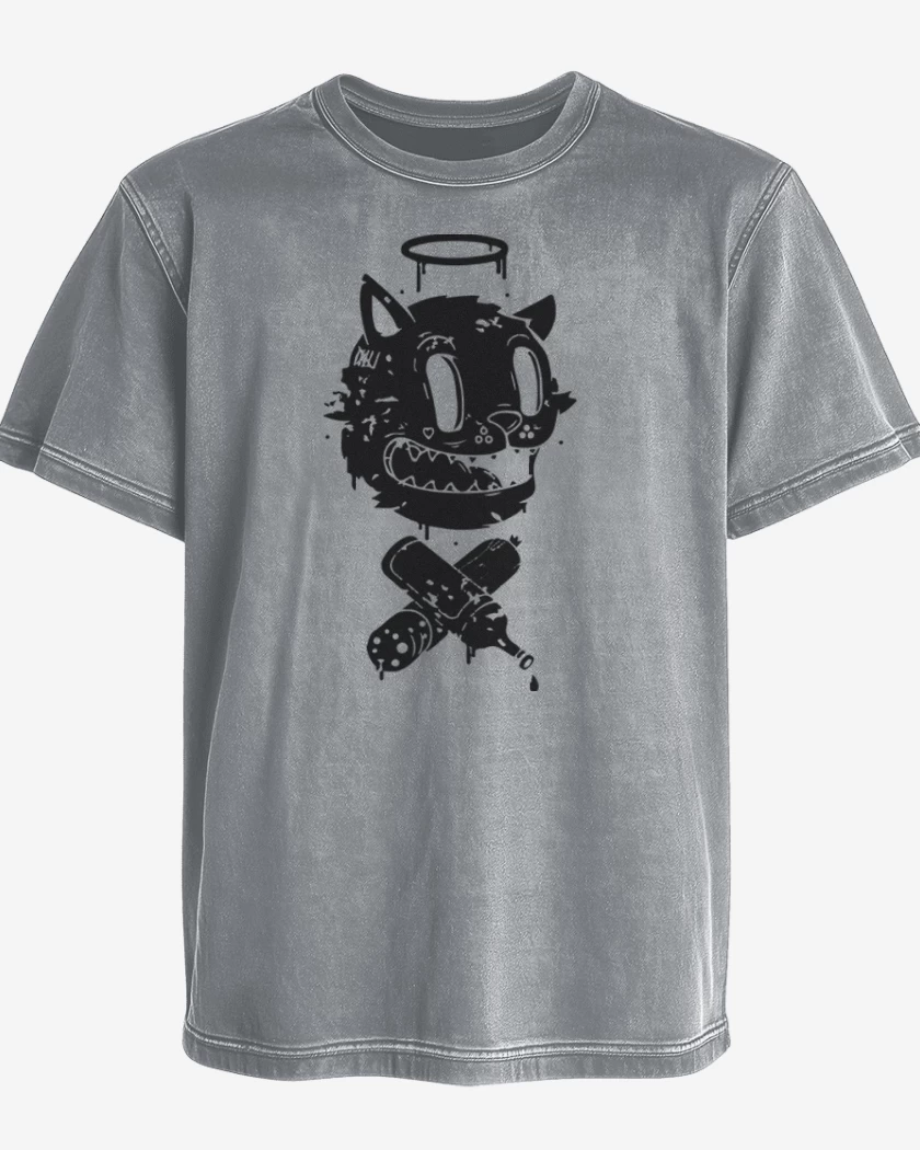 Polera desgastada Gris Melange de Black cat vinyl X