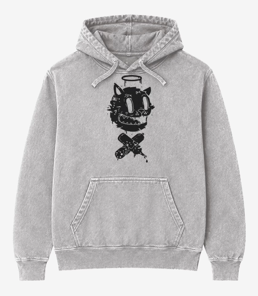 Poleron Canguro Acid Wash Gris Melange de Black cat vinyl X