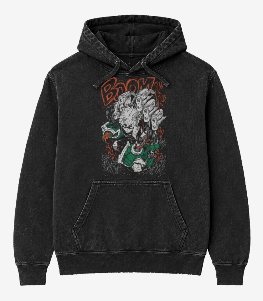 Poleron Canguro Acid Wash Negro de Katsuki Bakugo