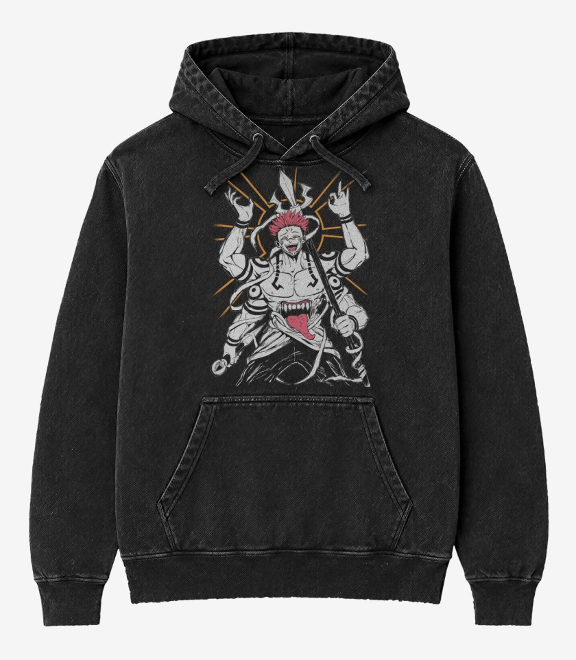 Poleron Canguro Acid Wash Negro de Gran Demonio Sukuna 