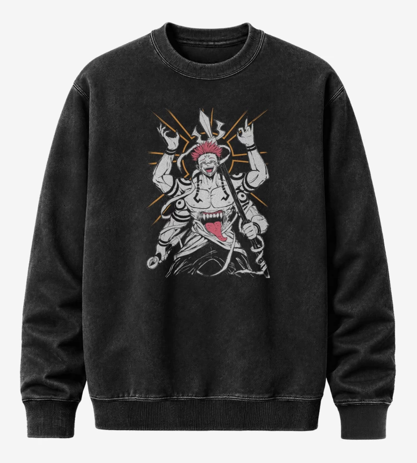Poleron Polo Acid Wash Negro de Gran Demonio Sukuna 