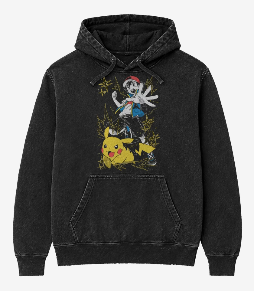 Poleron Canguro Acid Wash Negro de Ash x Pikachu