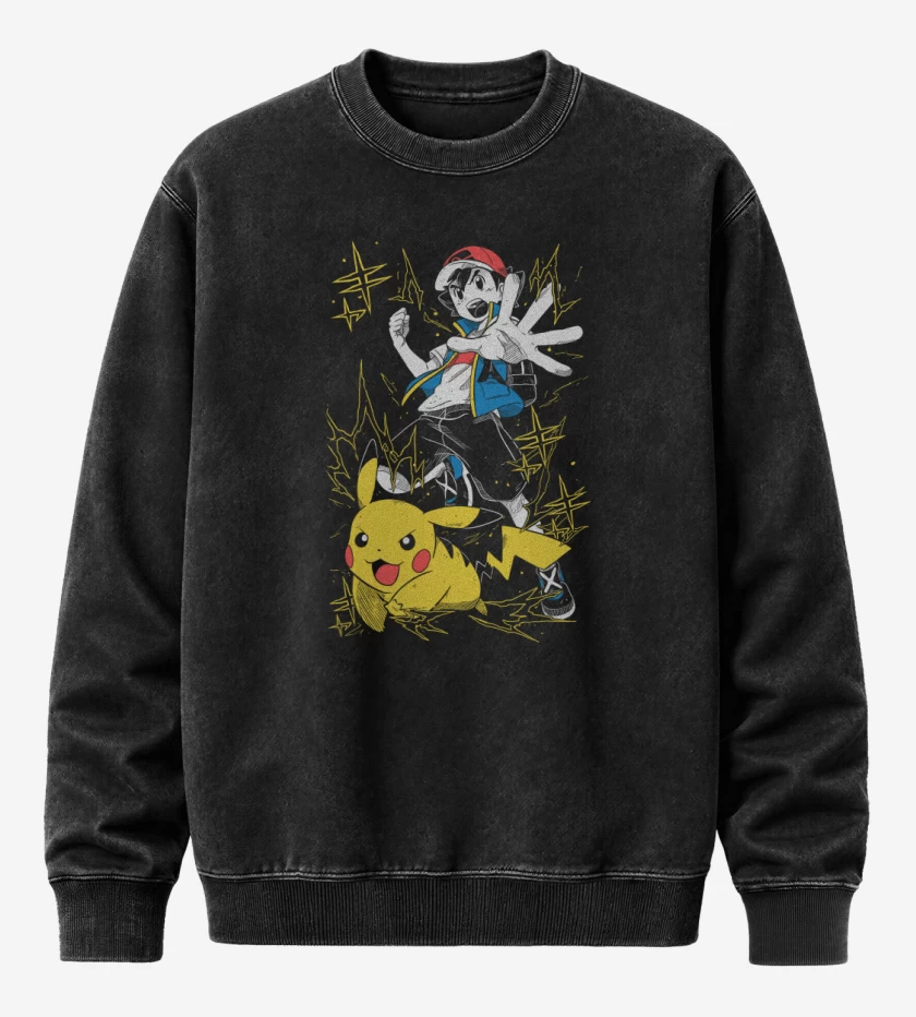 Poleron Polo Acid Wash Negro de Ash x Pikachu