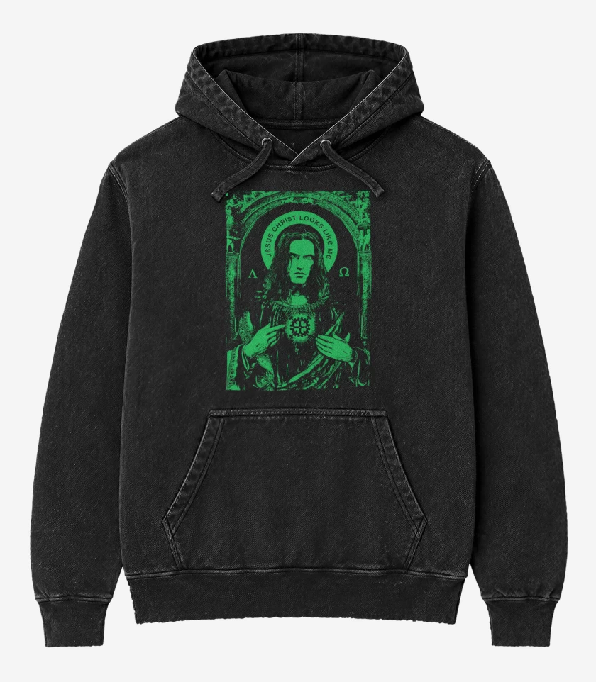 Poleron Canguro Acid Wash Negro de Jesus Chrits Looks Like Me
